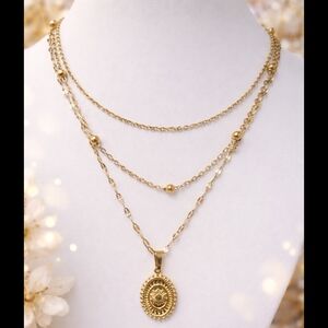 Dainty Gold Layered Necklace Set Satellite Chain Sunburst Pendan 18K Gold Plated